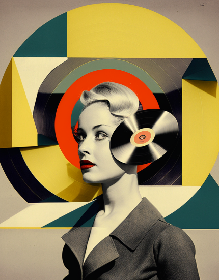 Stylized collage of a podcast host beside a vinyl record