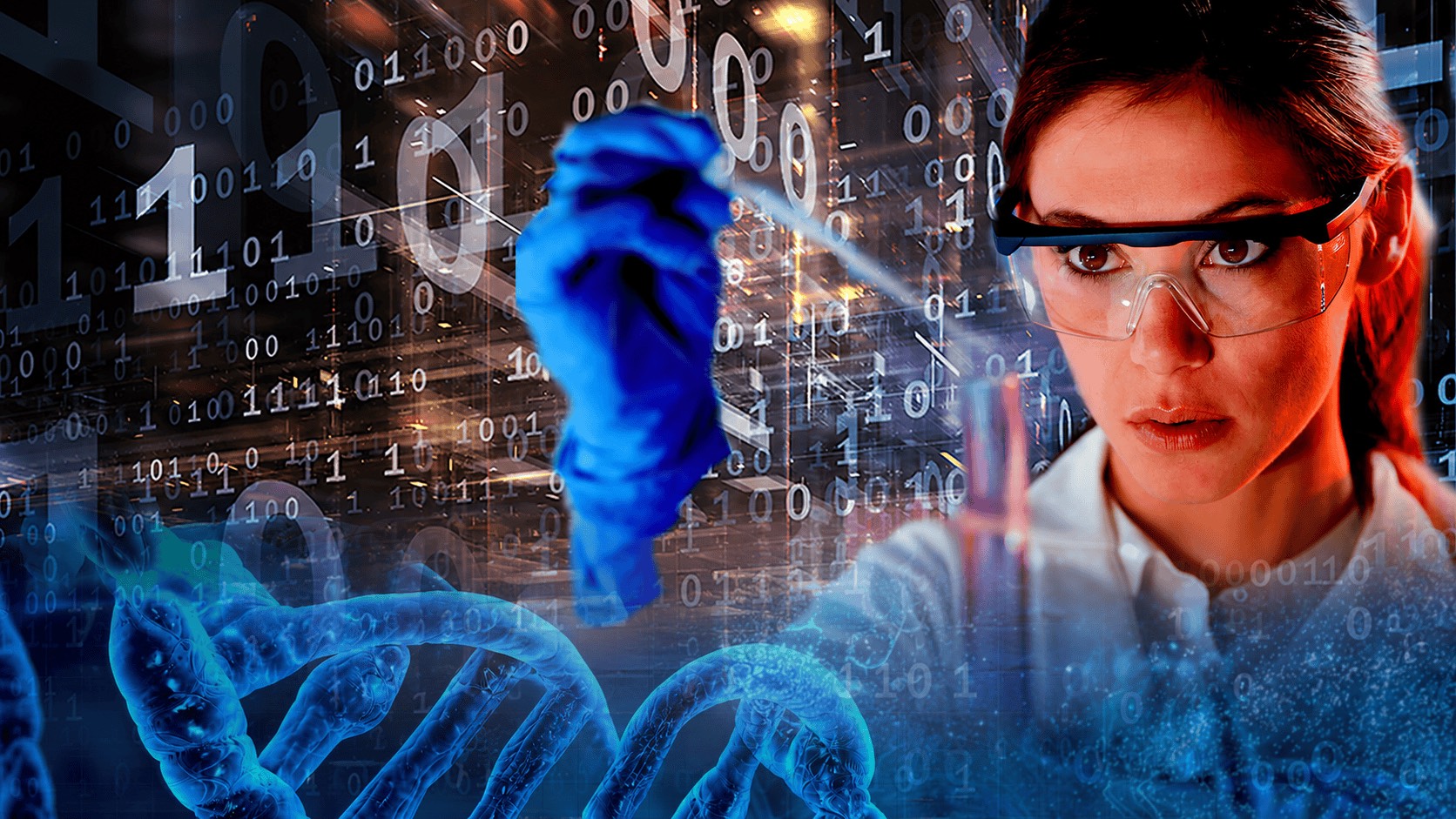 A forensic scientist in safety glasses examining evidence over DNA strands and binary code, from the Forensic Files about page